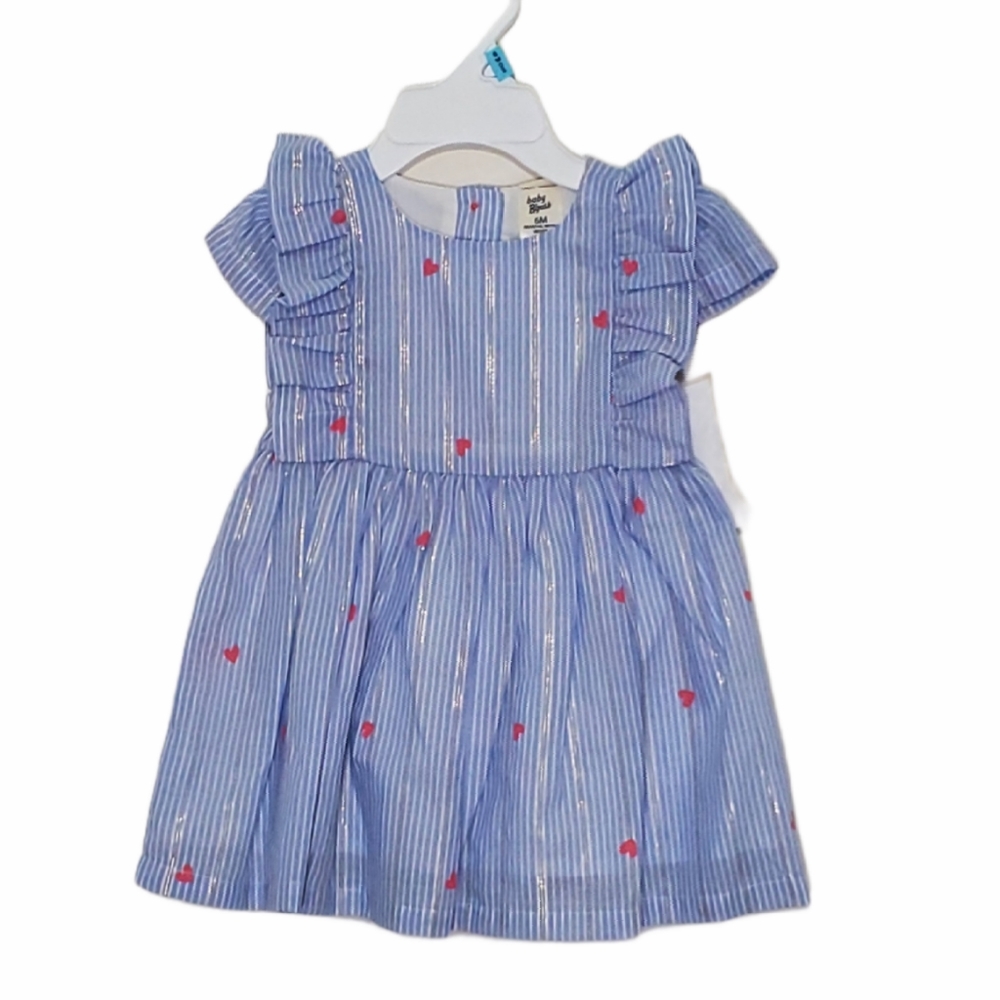 NWT Baby B'Gosh Striped Dress with Hearts Ruffle Sleeves Blue 6 months